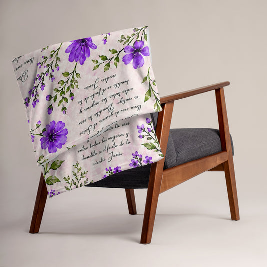 Lavender Violet Dios te Salve María Floral Prayer Throw Blanket