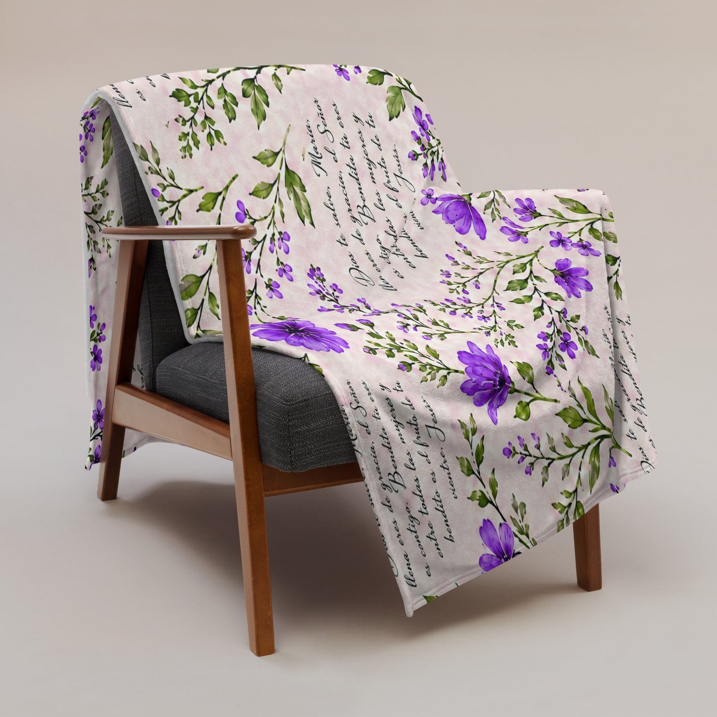 Lavender Violet Dios te Salve María Floral Prayer Throw Blanket