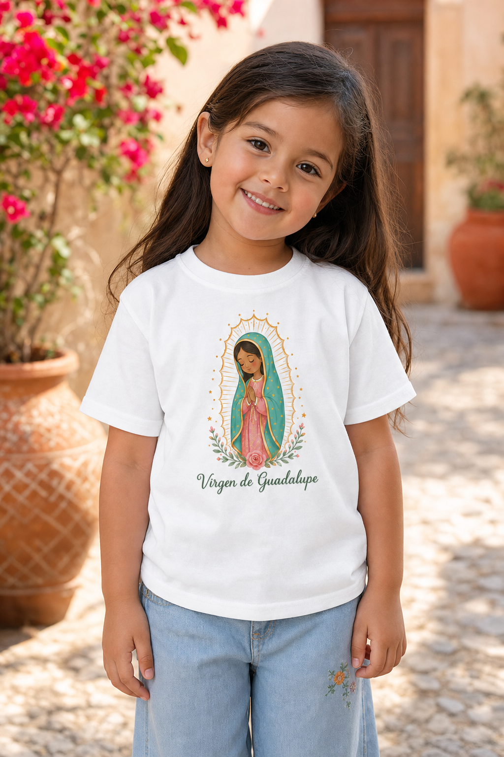 Little girl wearing the Virgen de Guadalupe toddler T-shirt in a lifestyle setting