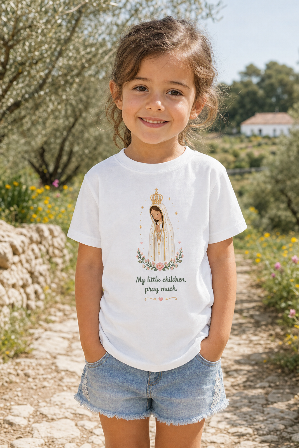 Little girl wearing the Pray Much Fátima toddler T-shirt in a lifestyle setting