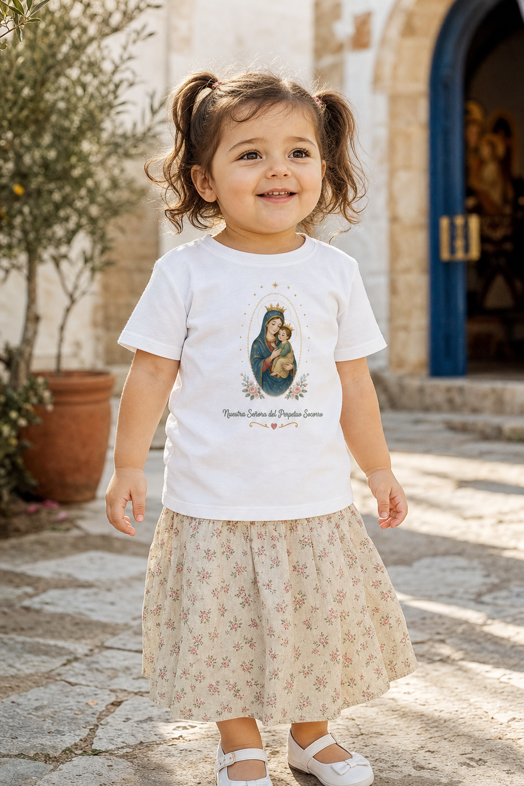 Little girl wearing the Nuestra Señora del Perpetuo Socorro toddler T-shirt in a lifestyle setting