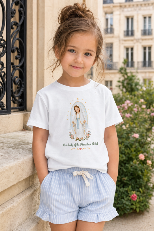 Little girl wearing the Our Lady of the Miraculous Medal toddler T-shirt in a lifestyle setting