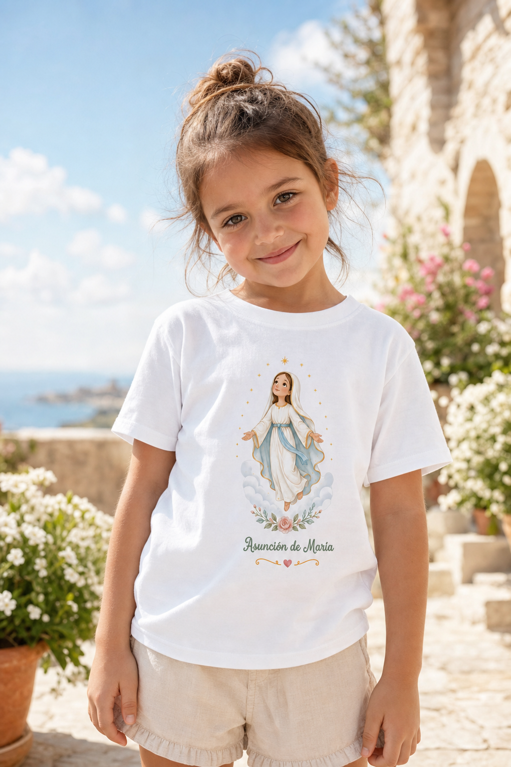 Little girl wearing the Asunción de María toddler T-shirt in a lifestyle setting