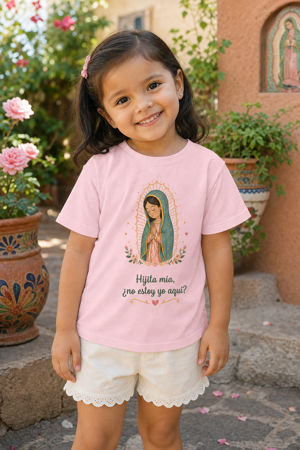 Little girl wearing the Hijita Mía Guadalupe toddler T-shirt in a lifestyle setting