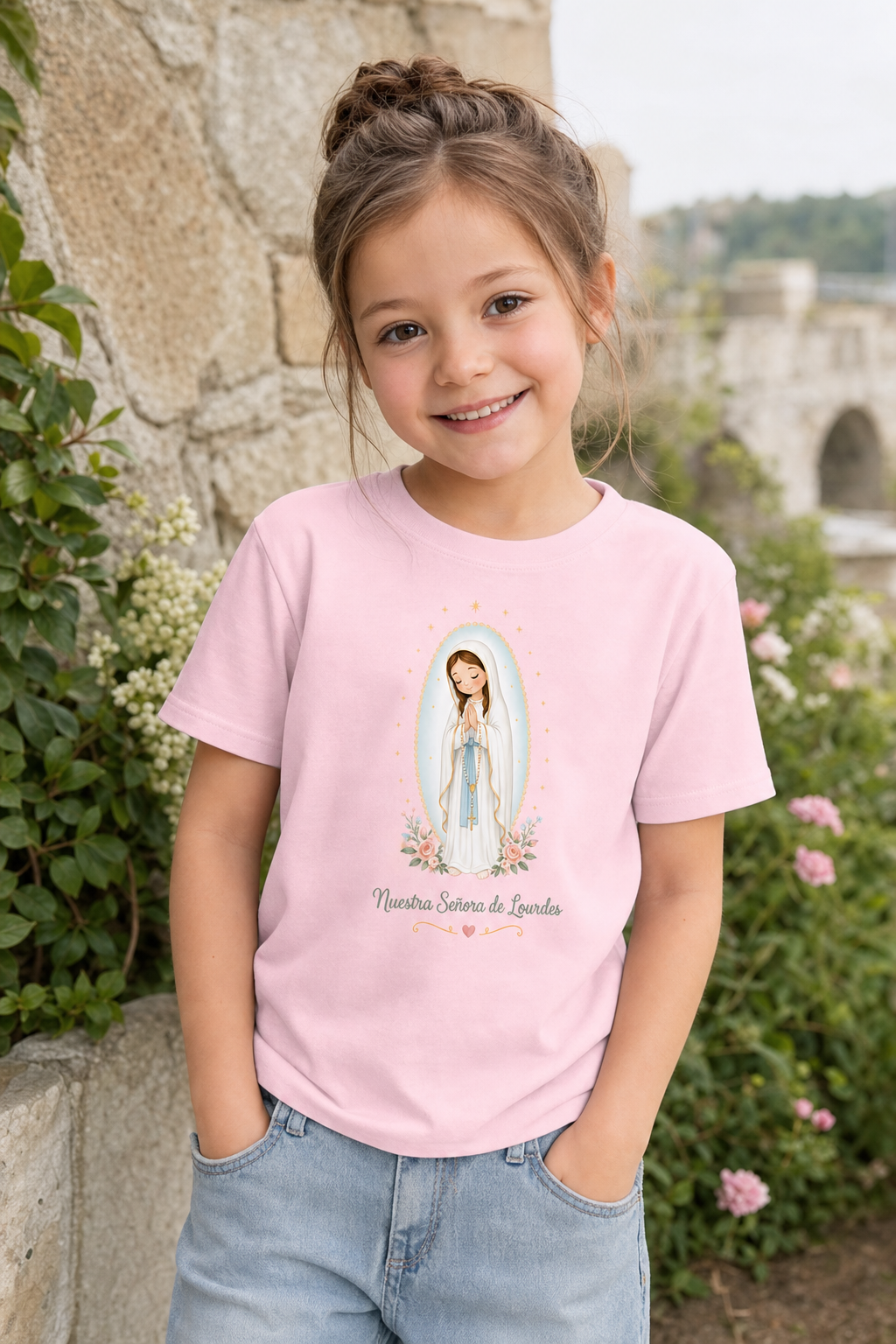 Little girl wearing the Nuestra Señora de Lourdes toddler T-shirt in a lifestyle setting