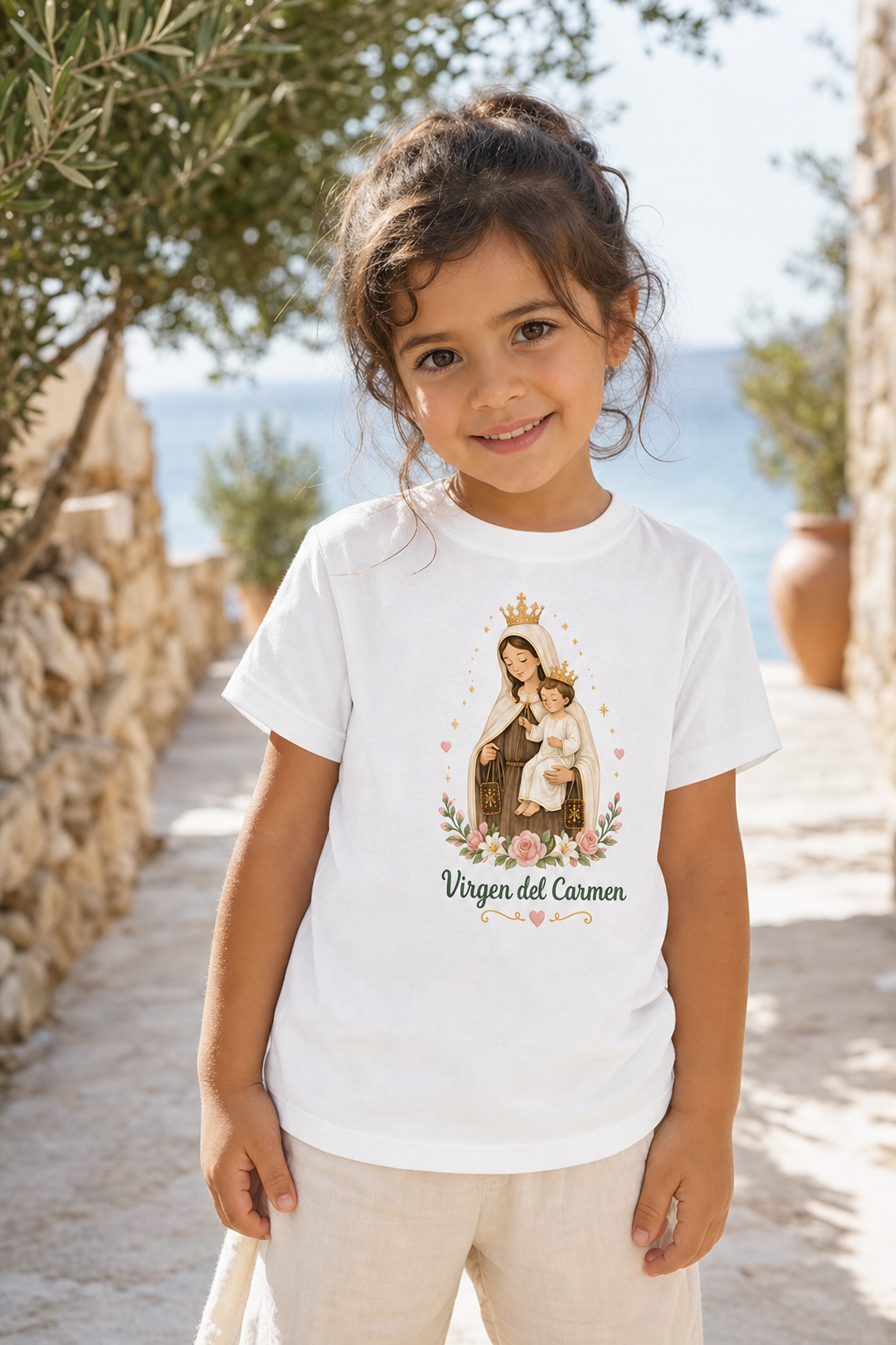Little girl wearing the Virgen del Carmen toddler T-shirt in a lifestyle setting