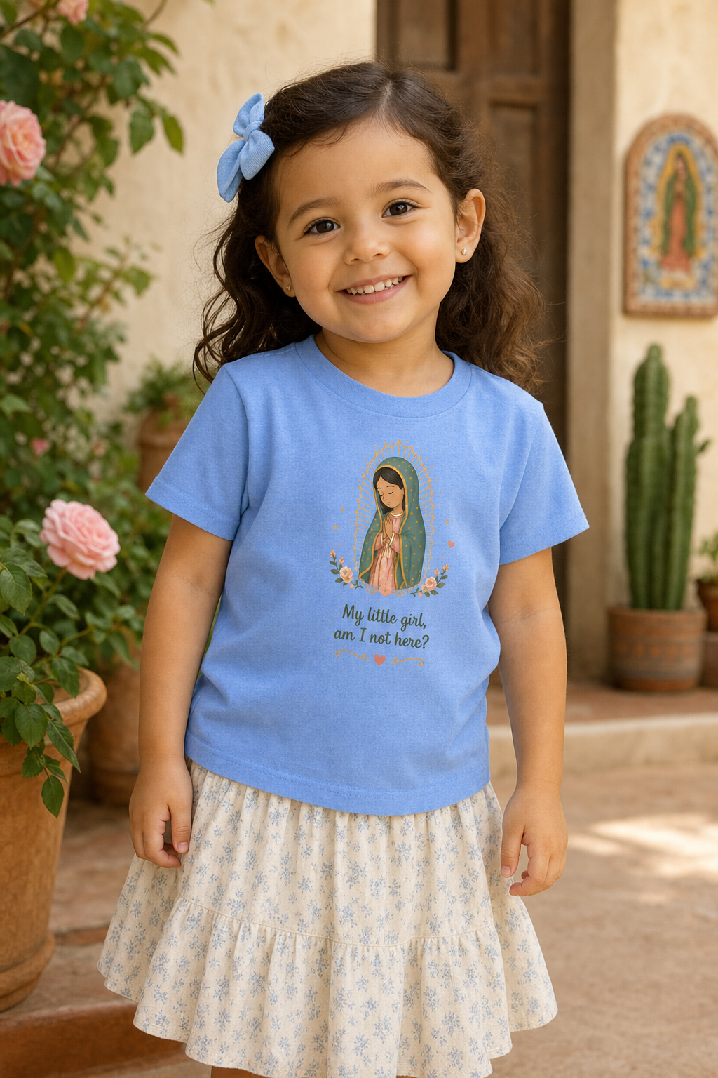 Little girl wearing the My Little Girl Guadalupe toddler T-shirt in a lifestyle setting