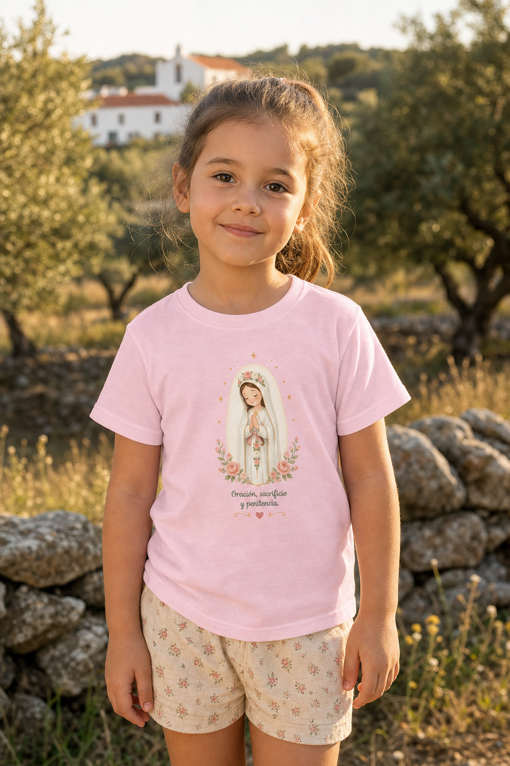 Little girl wearing the Oración Sacrificio Penitencia toddler T-shirt in a lifestyle setting