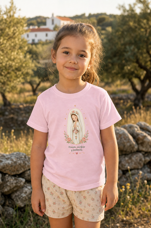 Little girl wearing the Oración Sacrificio Penitencia toddler T-shirt in a lifestyle setting