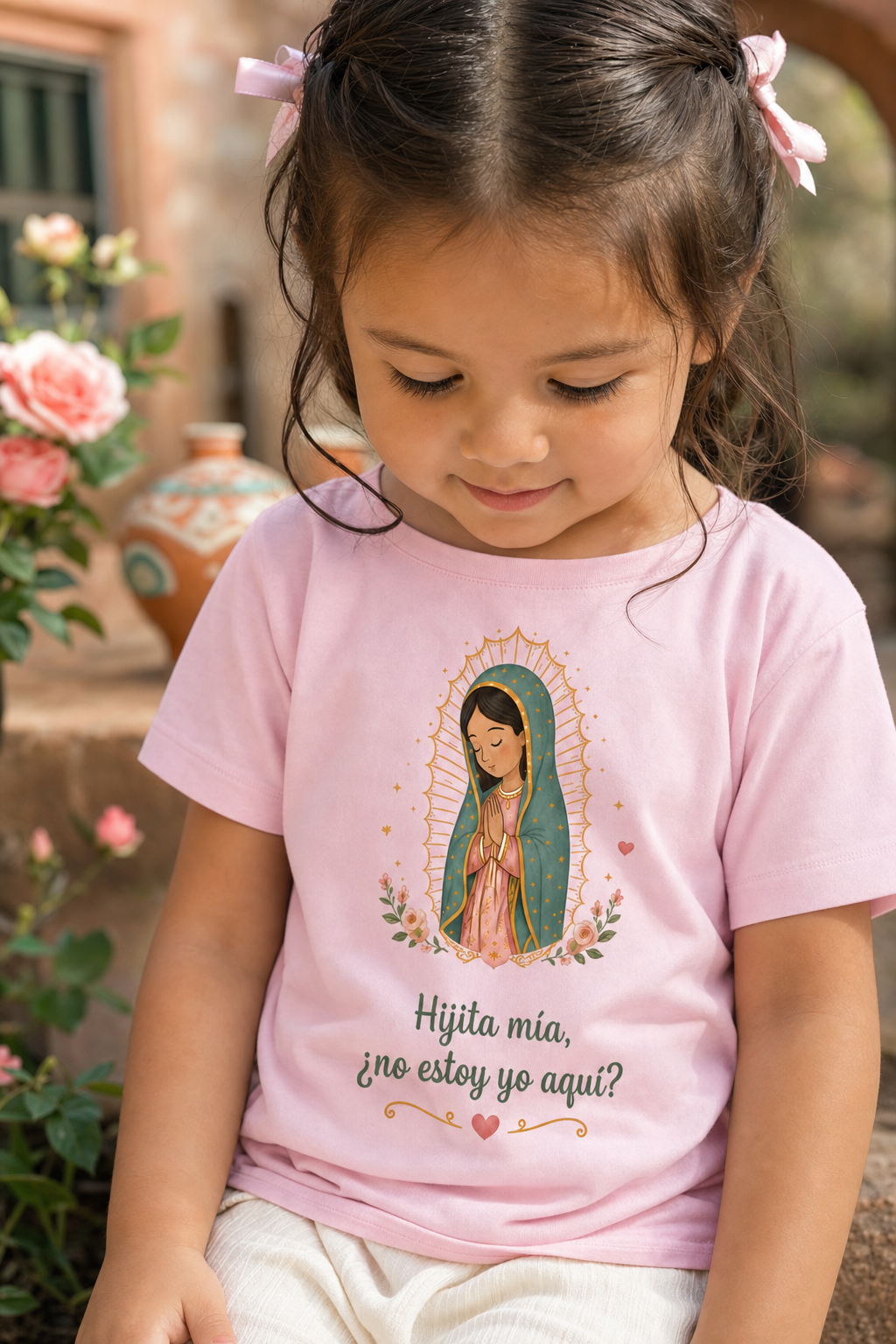 Little girl wearing the Hijita Mía Guadalupe toddler T-shirt in a lifestyle setting — detail