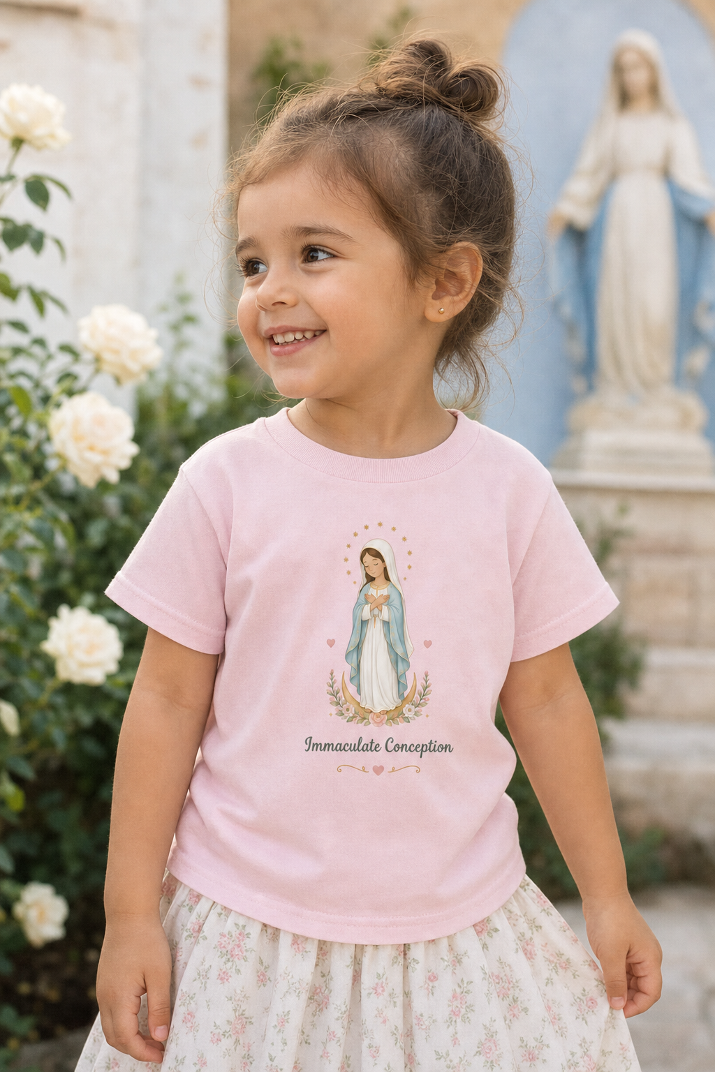 Little girl wearing the Immaculate Conception toddler T-shirt in a lifestyle setting — detail