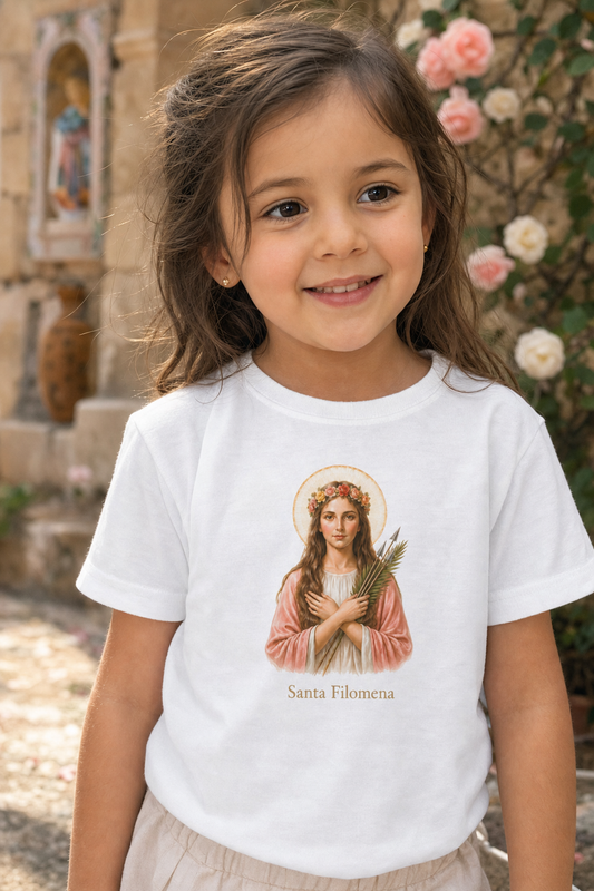 Little girl wearing the Santa Filomena toddler T-shirt in a lifestyle setting — detail