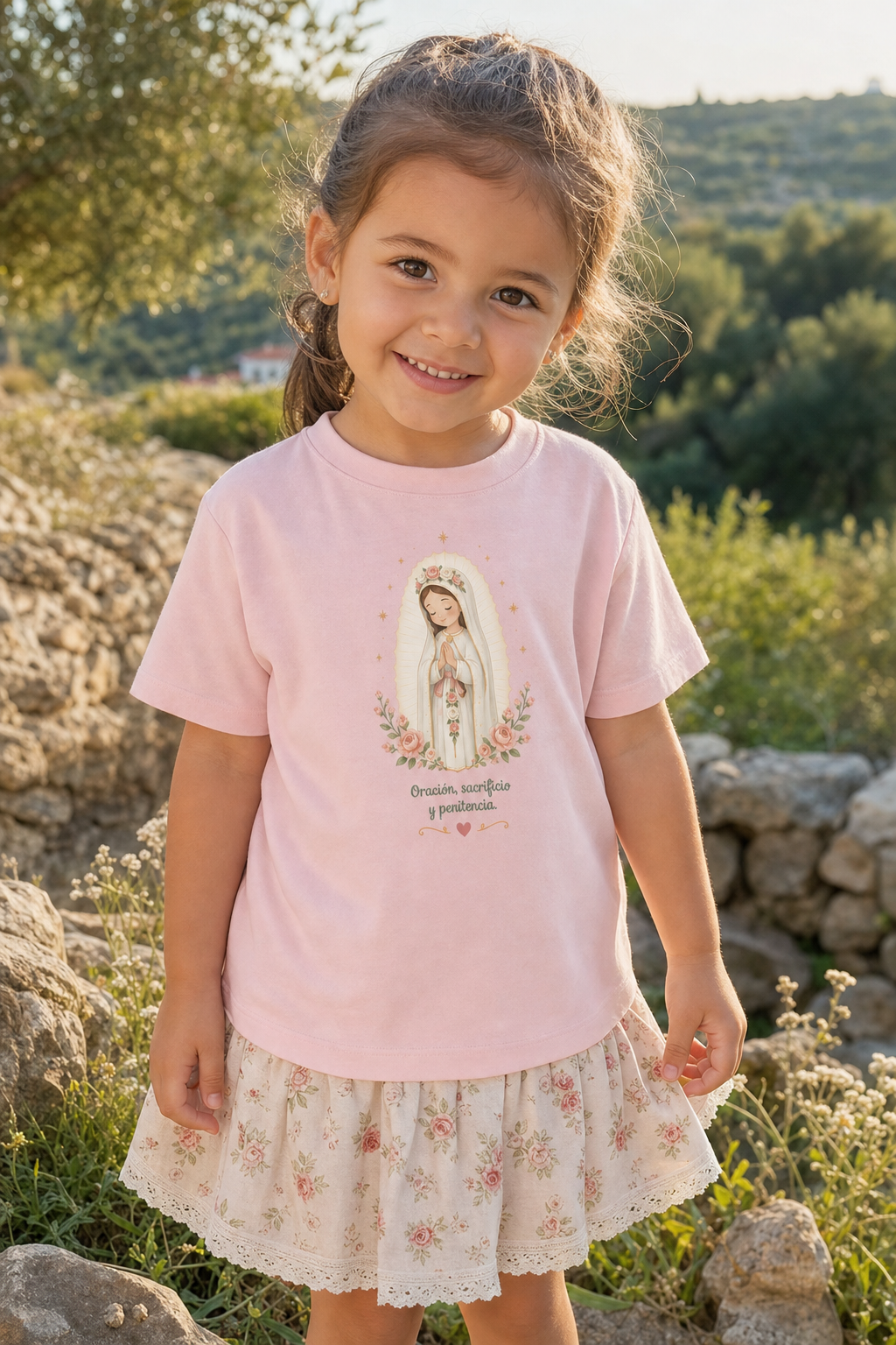 Little girl wearing the Oración Sacrificio Penitencia toddler T-shirt in a lifestyle setting — detail