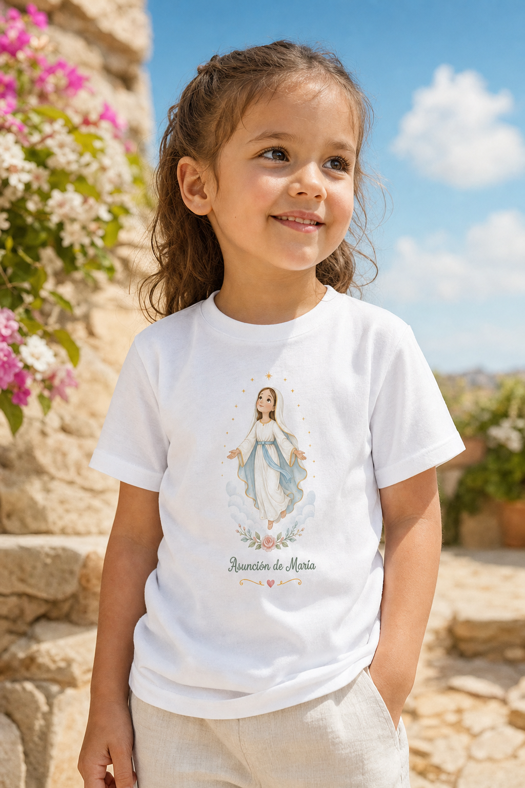Little girl wearing the Asunción de María toddler T-shirt in a lifestyle setting — detail