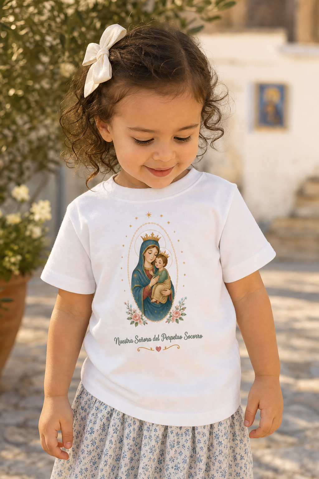 Little girl wearing the Nuestra Señora del Perpetuo Socorro toddler T-shirt in a lifestyle setting — detail