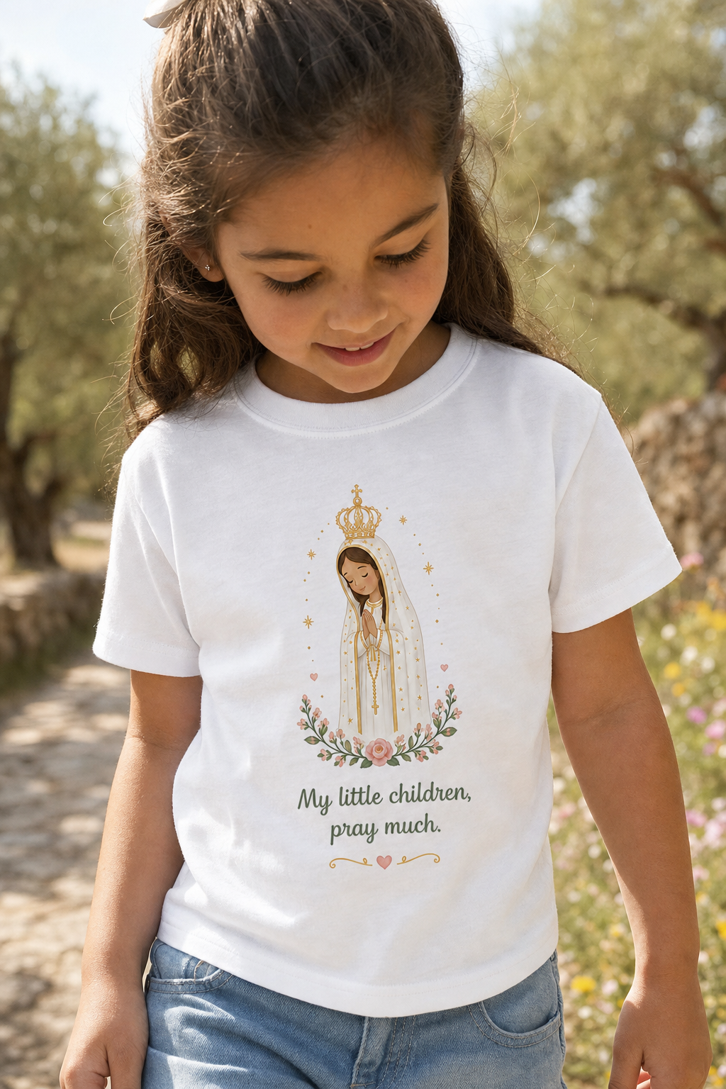 Little girl wearing the Pray Much Fátima toddler T-shirt in a lifestyle setting — detail