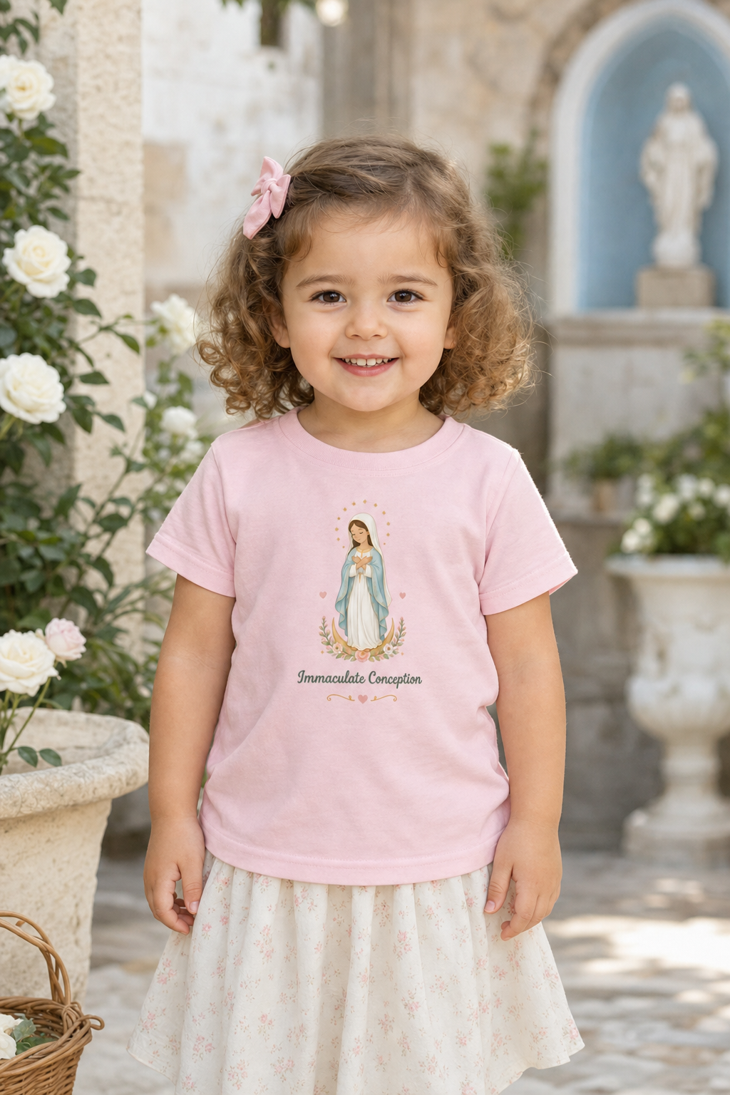 Little girl wearing the Immaculate Conception toddler T-shirt in a lifestyle setting