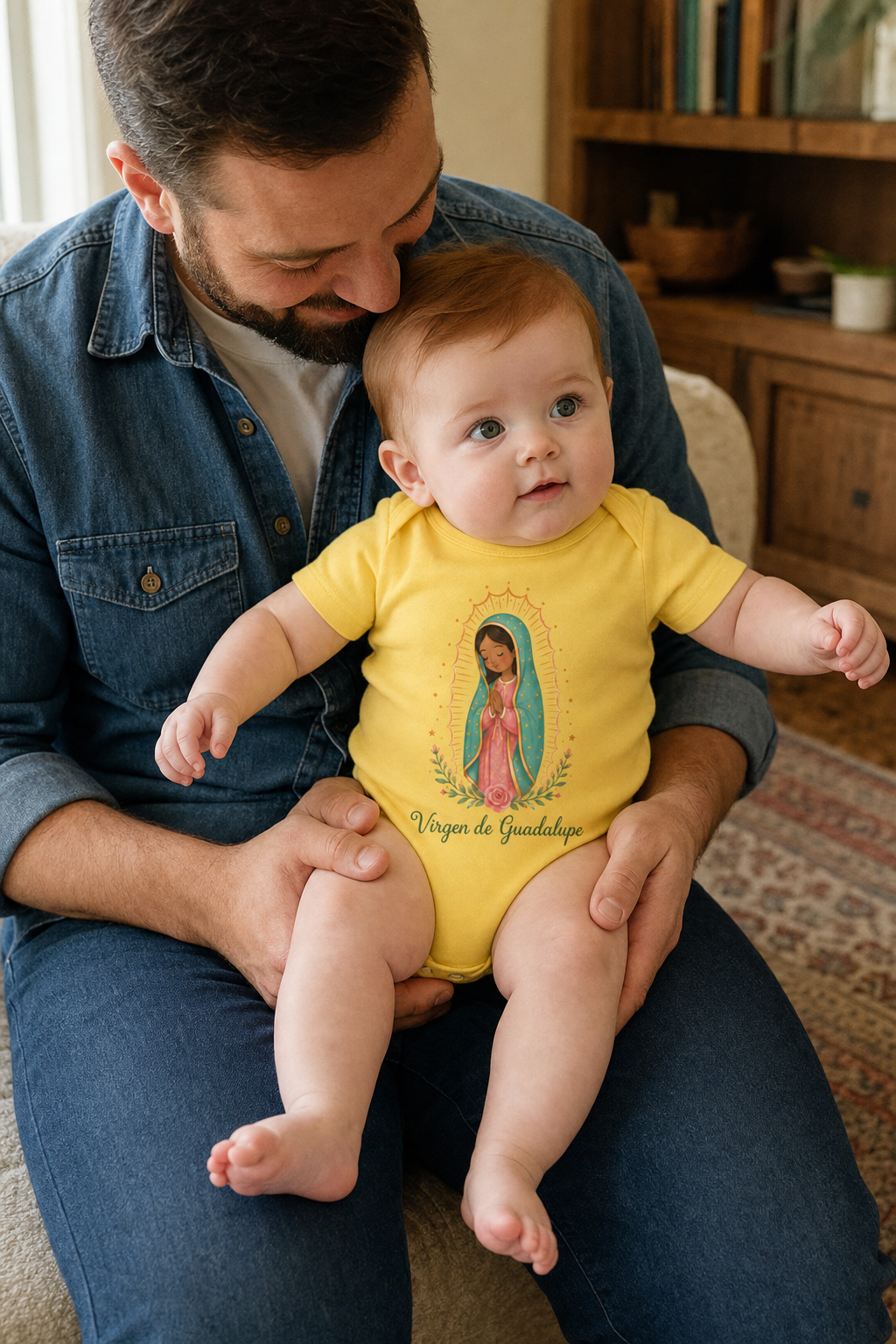 Baby girl wearing the Virgen de Guadalupe Baby Bodysuit in Yellow