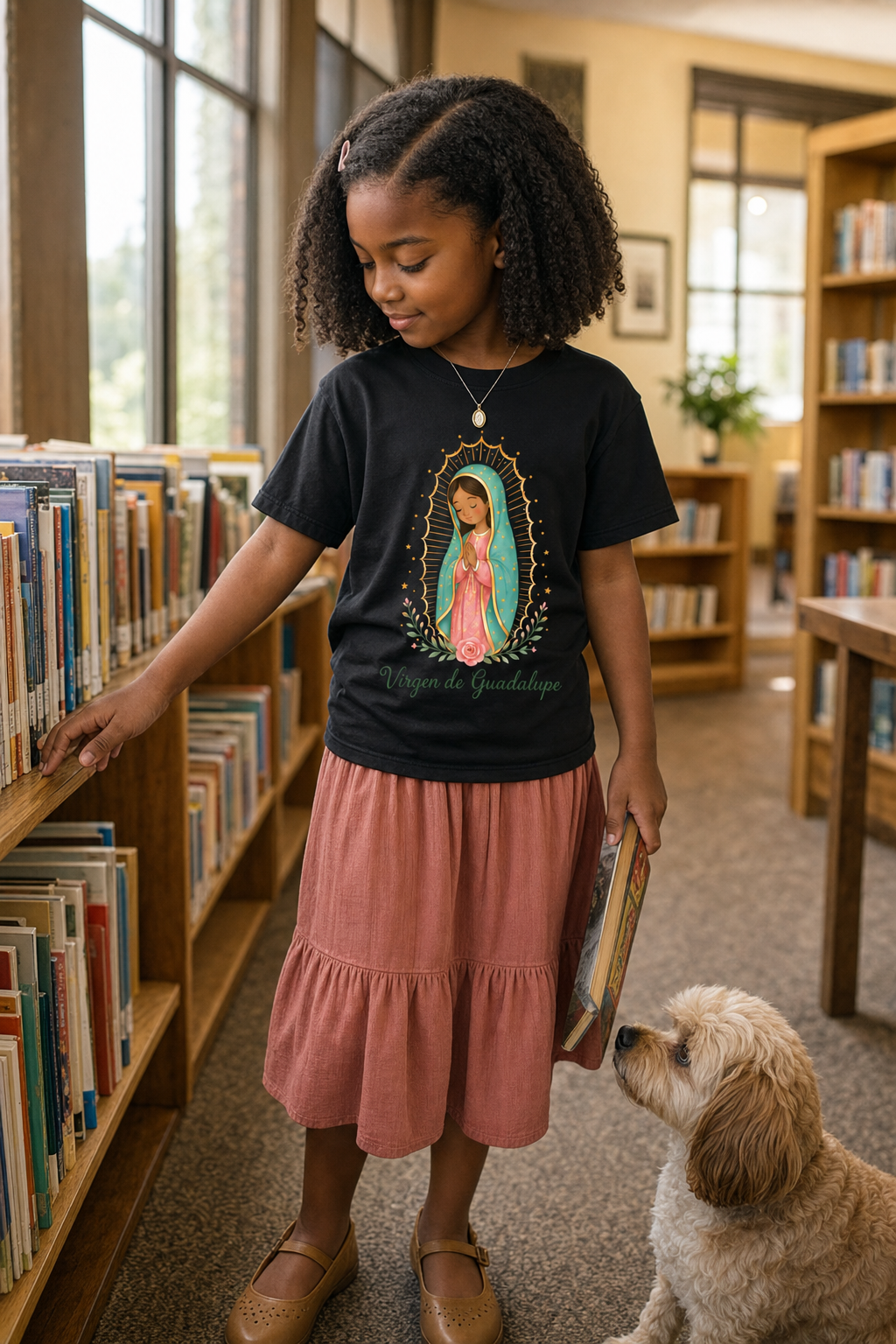 Girl wearing the Virgen de Guadalupe Girls T-Shirt in Black