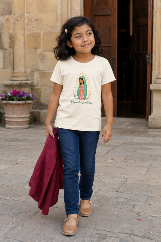 Girl wearing the Virgen de Guadalupe Girls T-Shirt in Natural