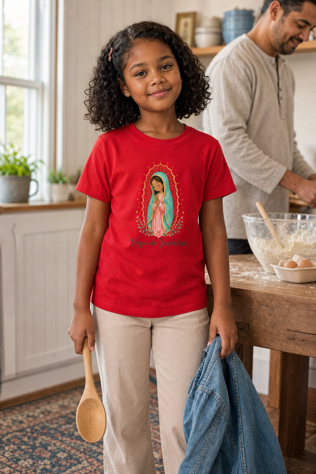 Girl wearing the Virgen de Guadalupe Girls T-Shirt in Red