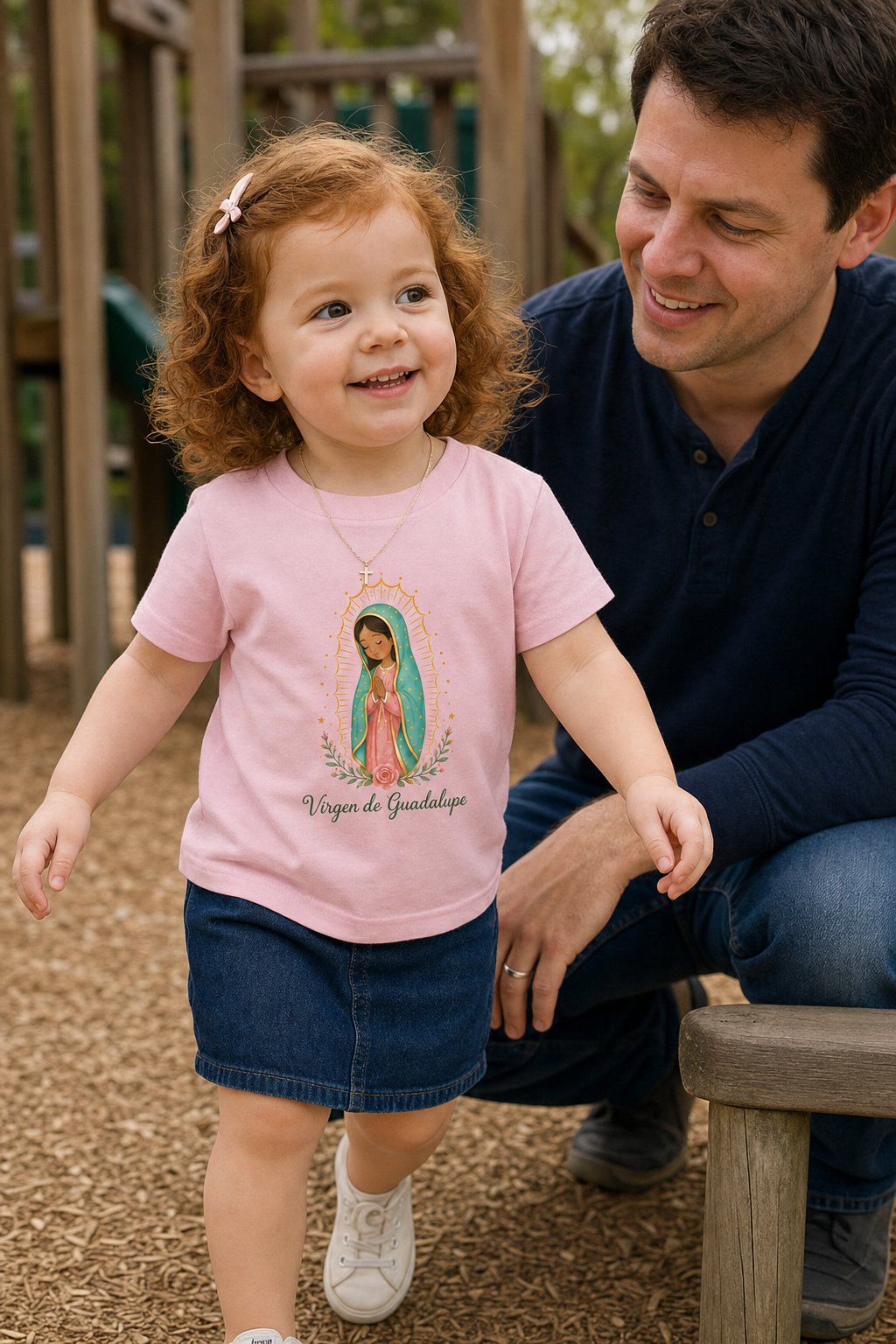 Little girl wearing the Virgen de Guadalupe Toddler T-Shirt in Pink