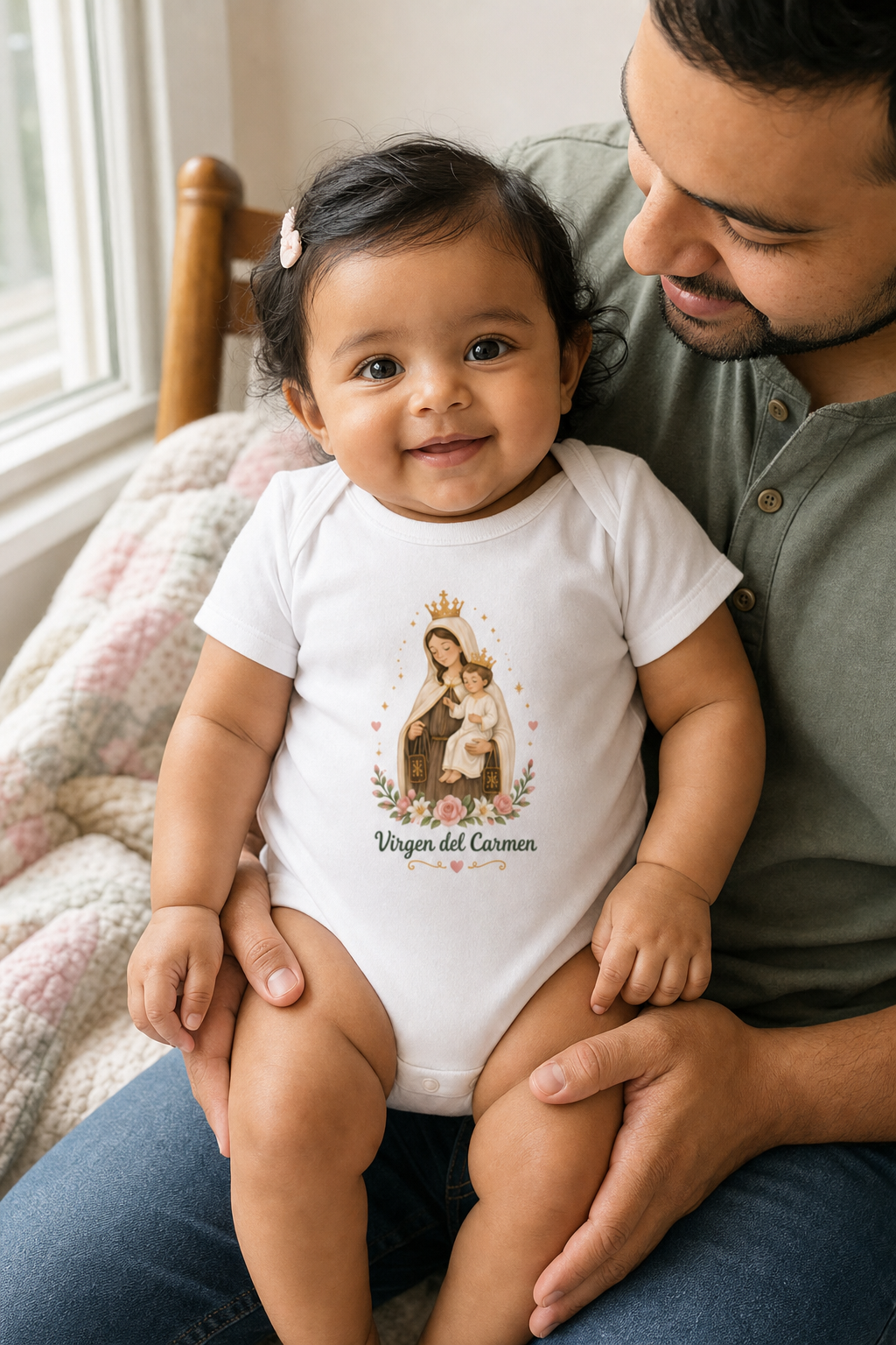 Baby girl wearing the Virgen del Carmen Baby Bodysuit in White