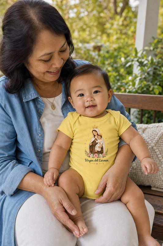Baby girl wearing the Virgen del Carmen Baby Bodysuit in Yellow