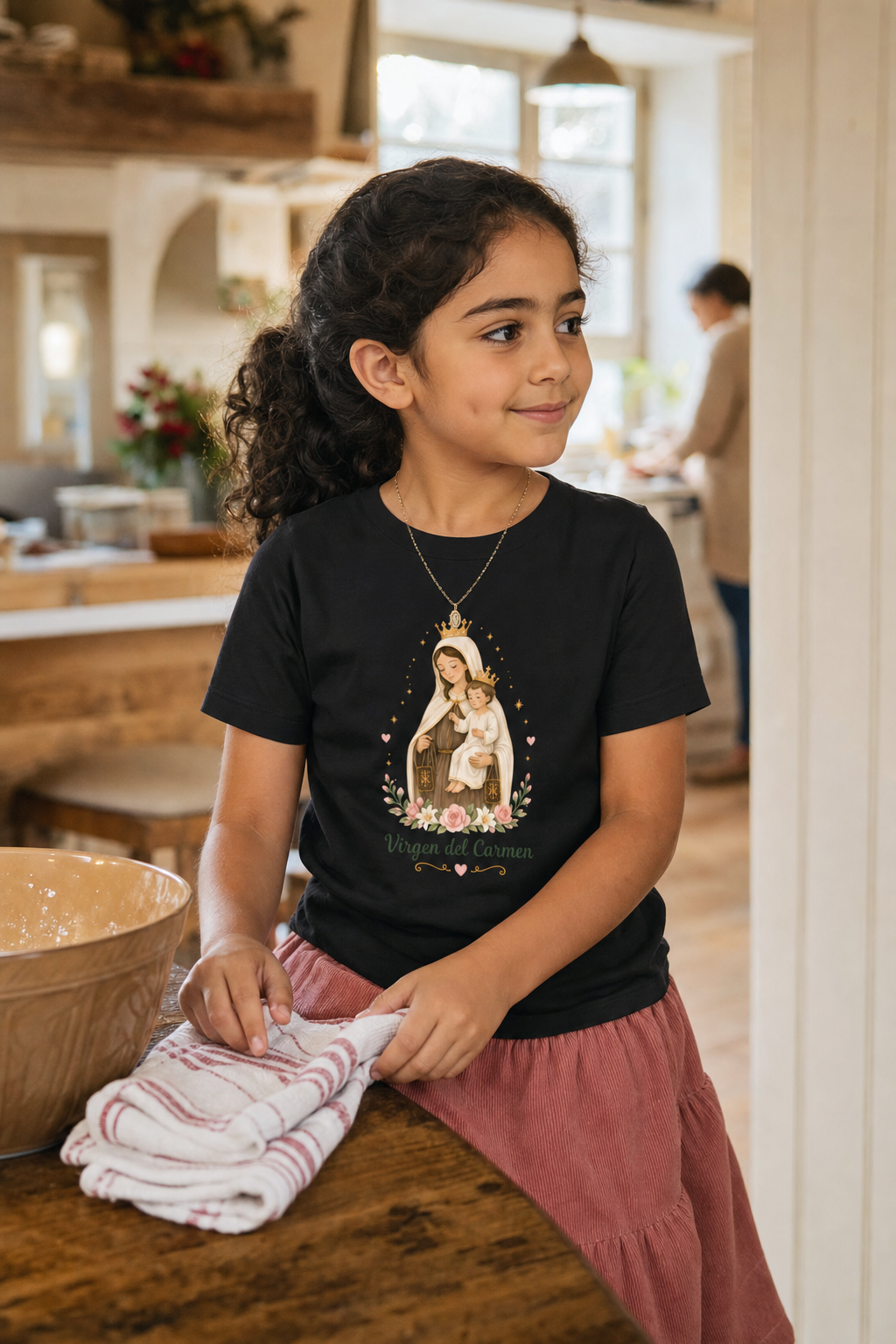 Girl wearing the Virgen del Carmen Girls T-Shirt in Black