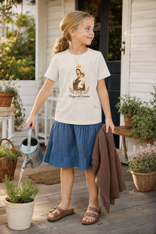 Girl wearing the Virgen del Carmen Girls T-Shirt in Heather Dust