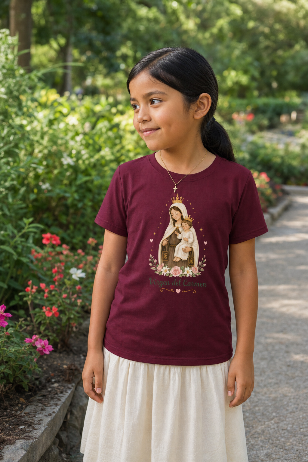Girl wearing the Virgen del Carmen Girls T-Shirt in Maroon