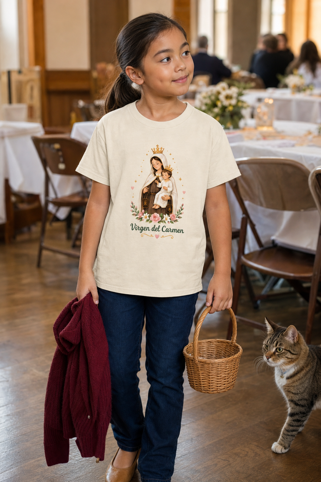 Girl wearing the Virgen del Carmen Girls T-Shirt in Natural