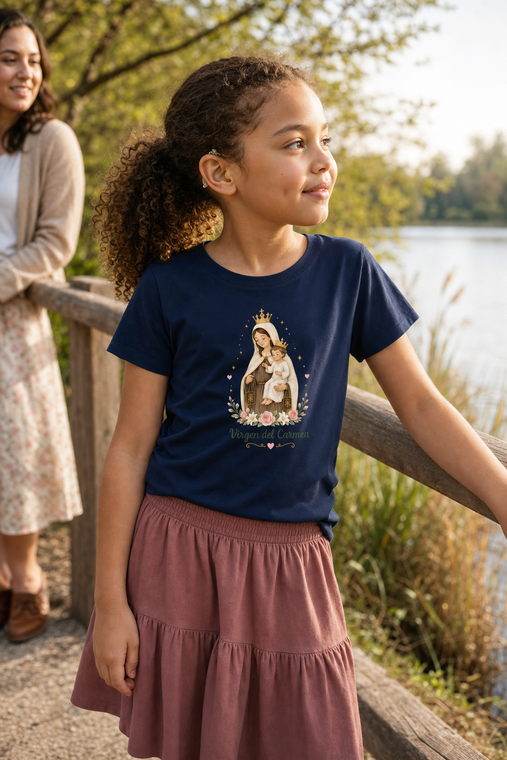 Girl wearing the Virgen del Carmen Girls T-Shirt in Navy