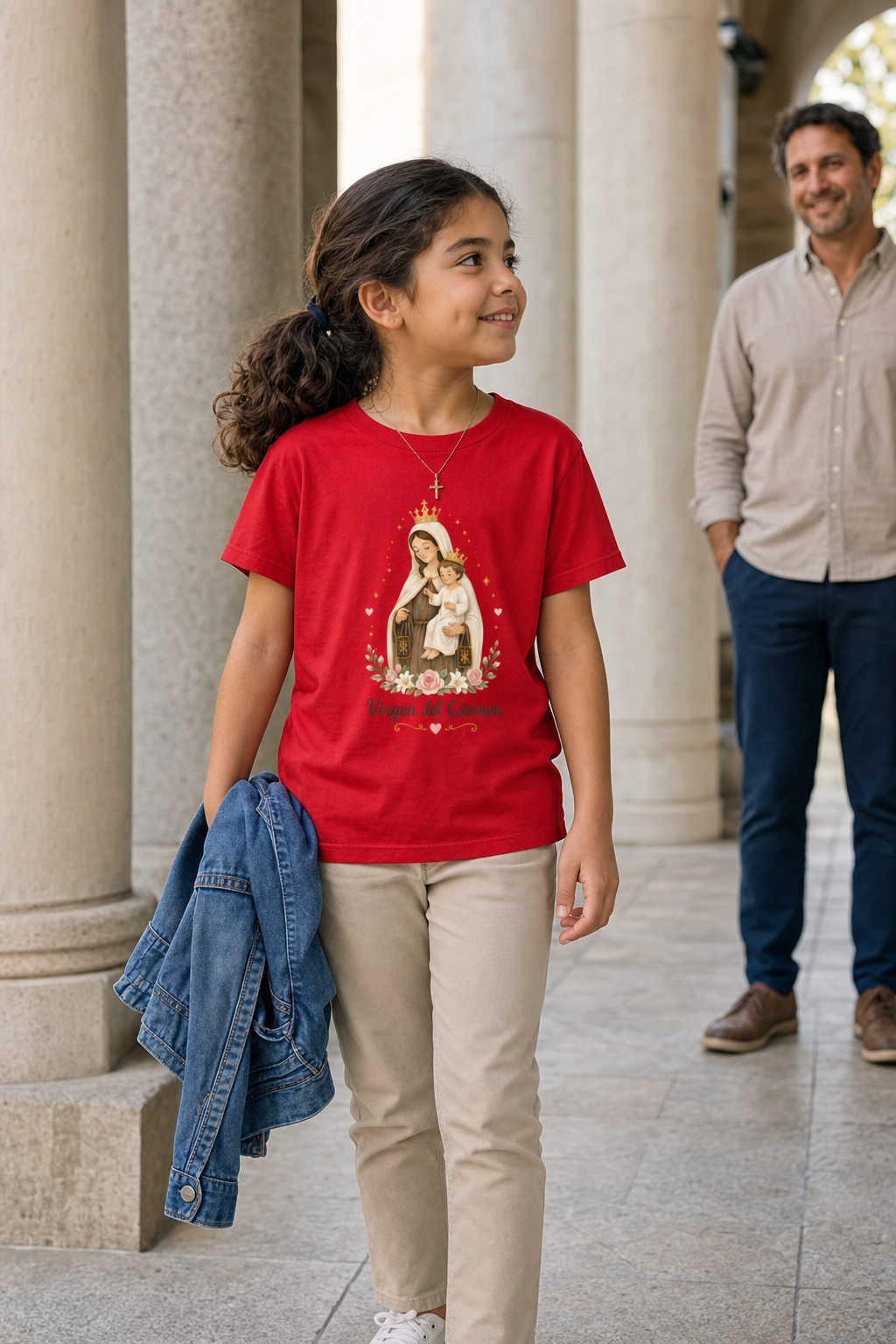 Girl wearing the Virgen del Carmen Girls T-Shirt in Red