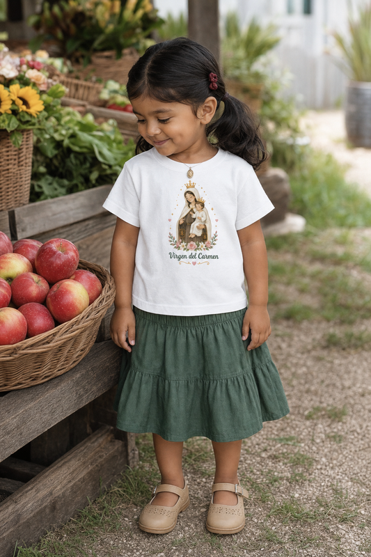 Little girl wearing the Virgen del Carmen Toddler T-Shirt in White