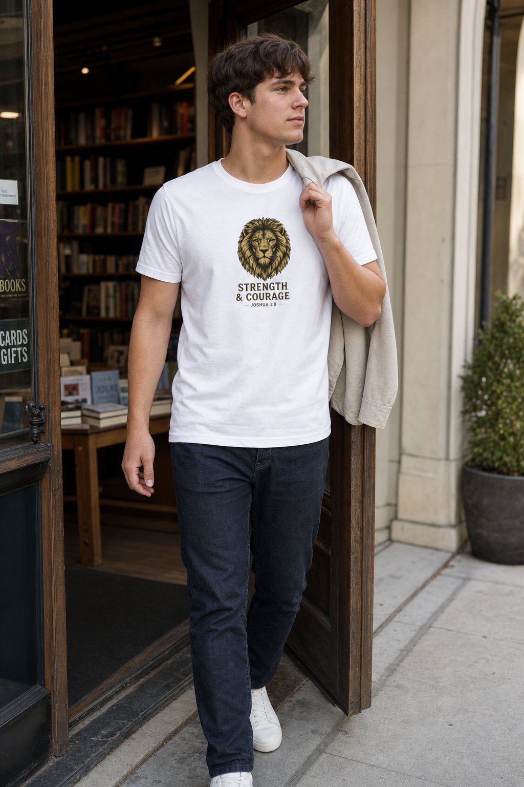 strength-courage-lion-christian-t-shirt-joshua-1-9 lifestyle · White · bnr-card:shop-all