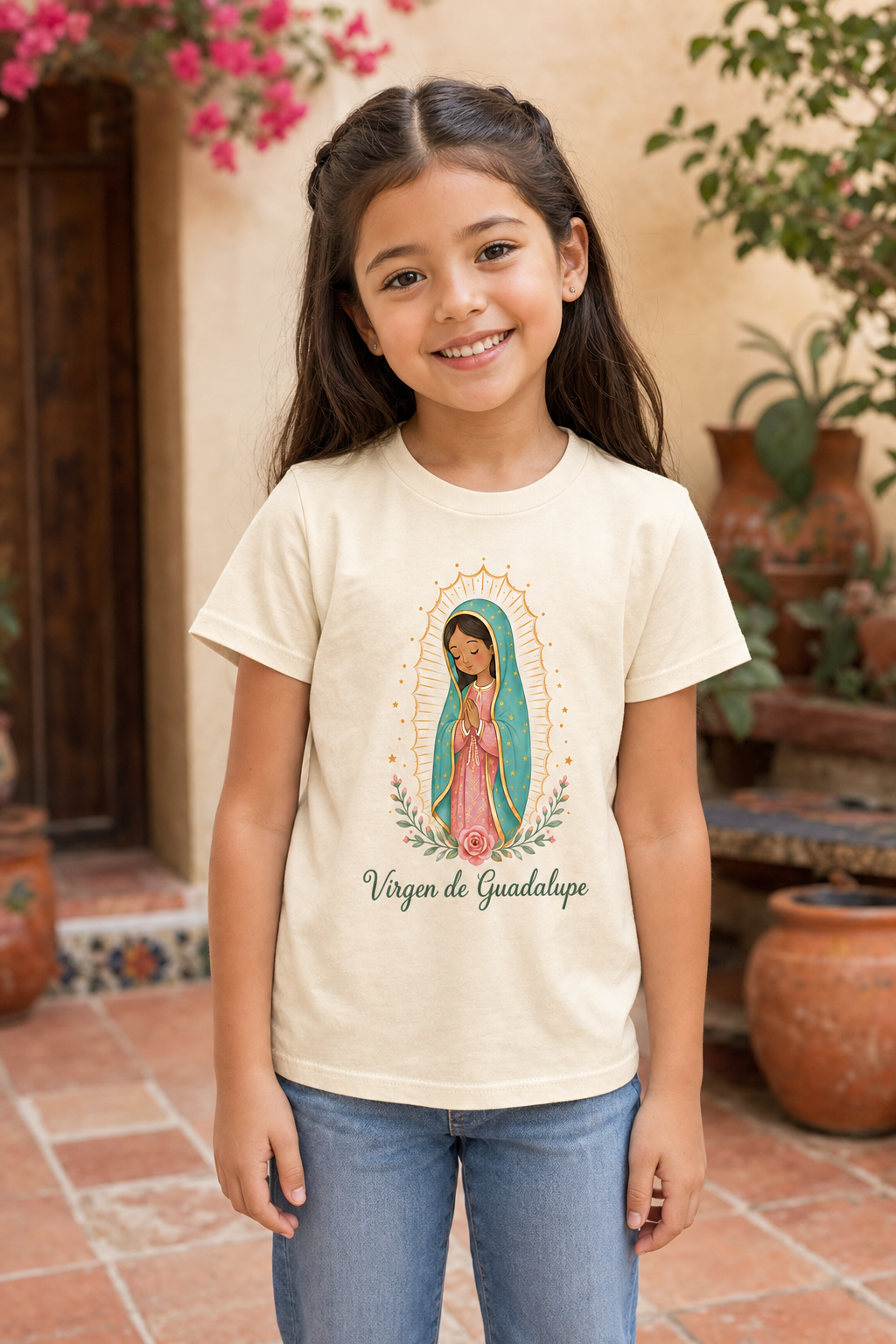 Girl wearing the Virgen de Guadalupe Girls T-shirt in a lifestyle setting