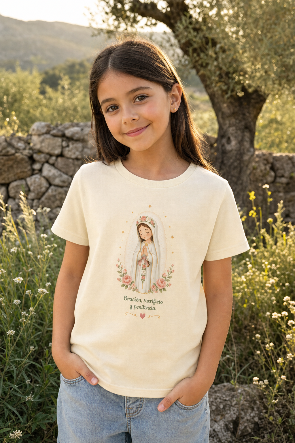 Girl wearing the Oración Sacrificio Penitencia Girls T-shirt in a lifestyle setting