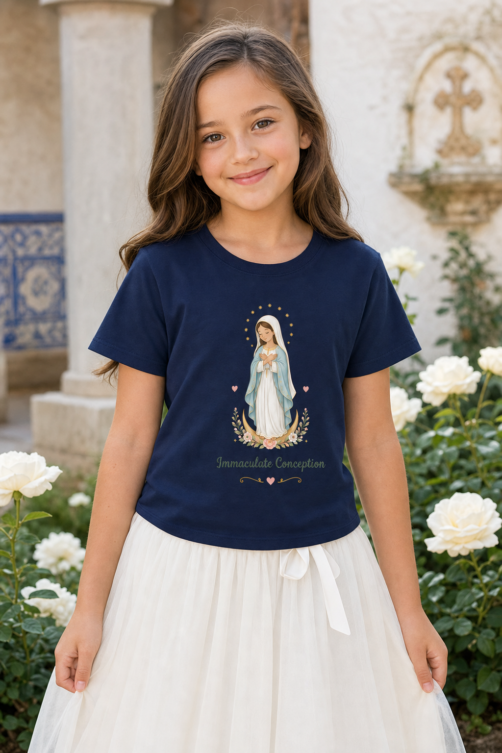 Girl wearing the Immaculate Conception Girls T-shirt in a lifestyle setting