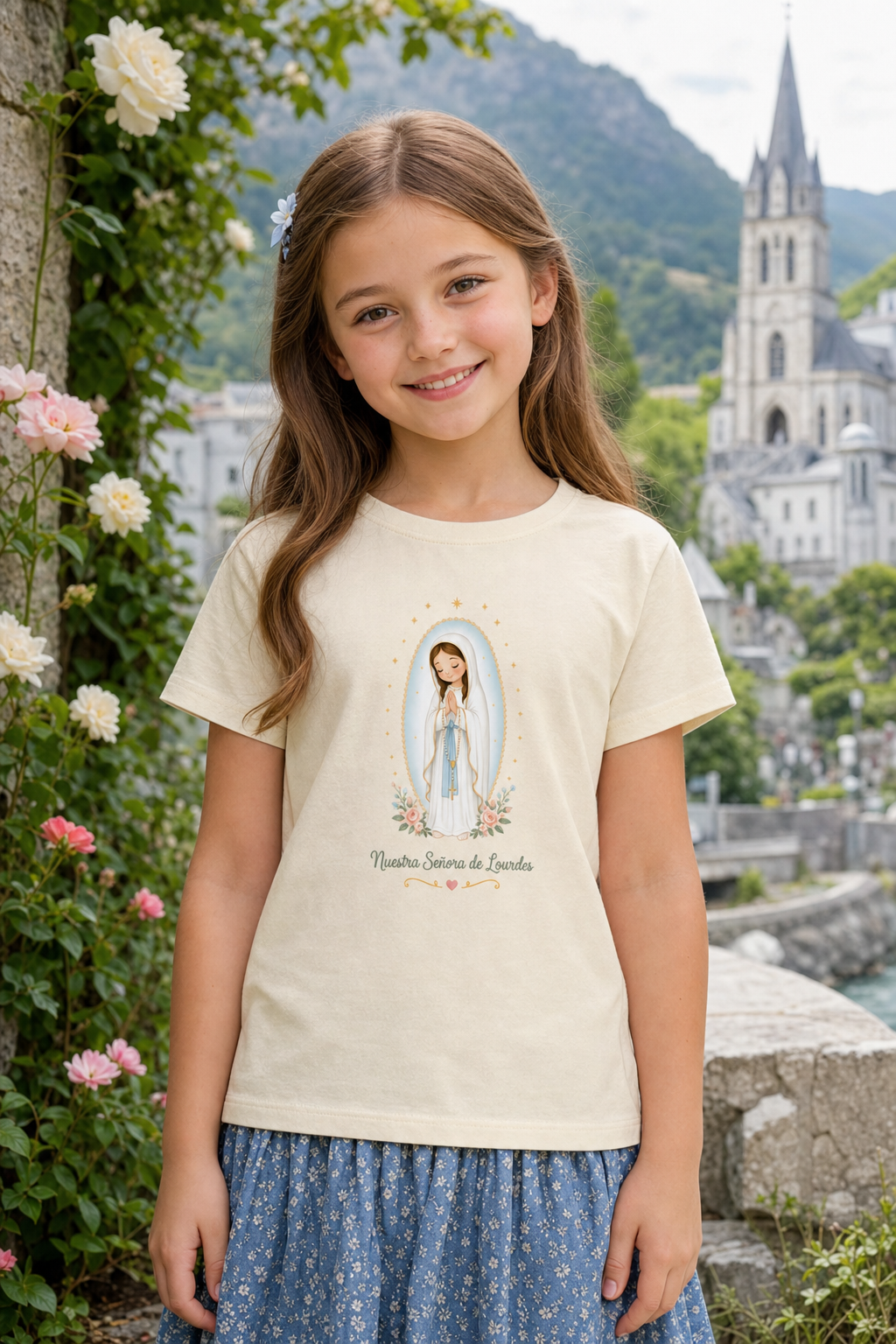 Girl wearing the Nuestra Señora de Lourdes Girls T-shirt in a lifestyle setting