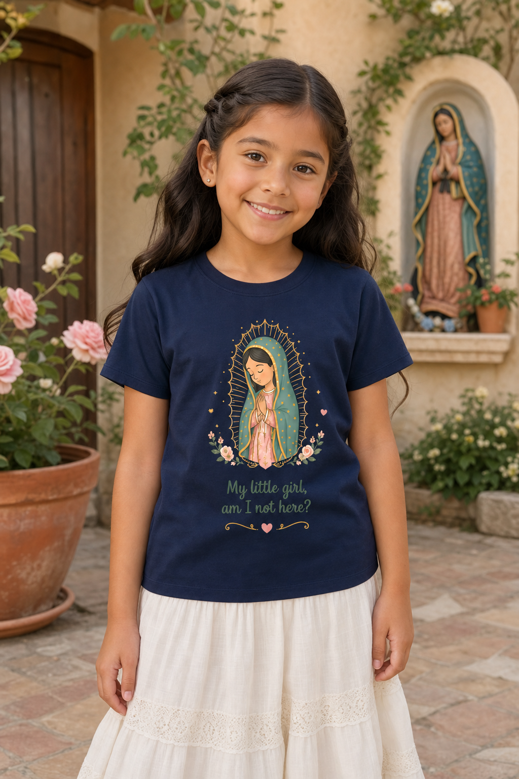 Girl wearing the My Little Girl Guadalupe Girls T-shirt in a lifestyle setting