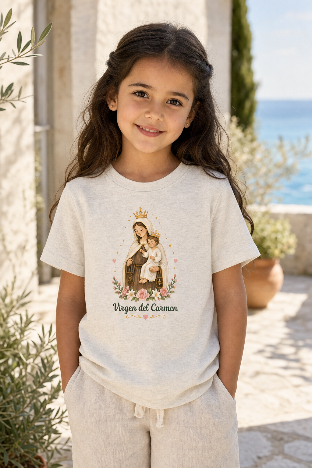 Girl wearing the Virgen del Carmen Girls T-shirt in a lifestyle setting