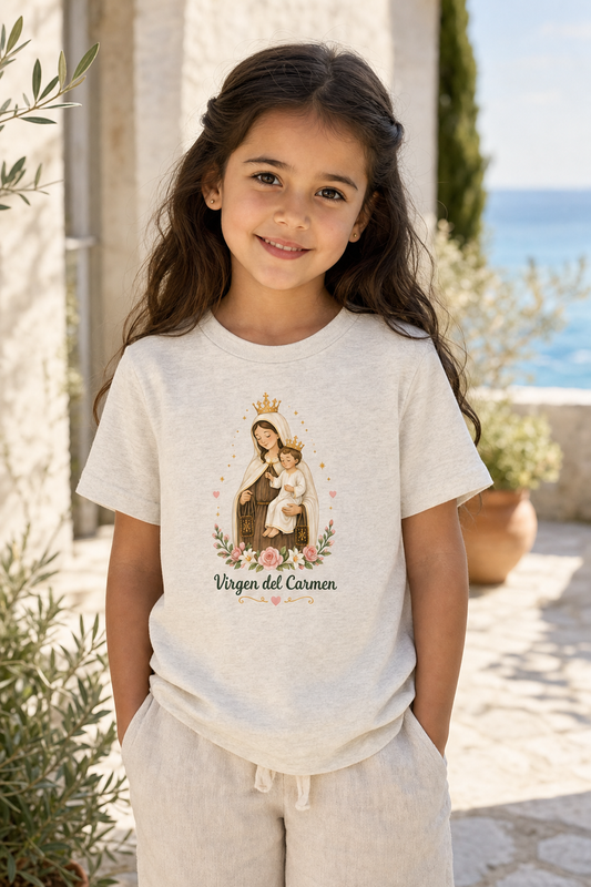 Girl wearing the Virgen del Carmen Girls T-shirt in a lifestyle setting