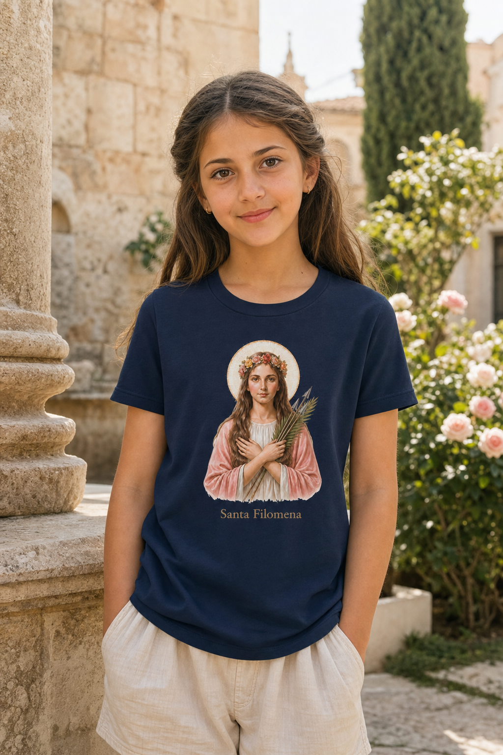 Girl wearing the Santa Filomena Girls T-shirt in a lifestyle setting