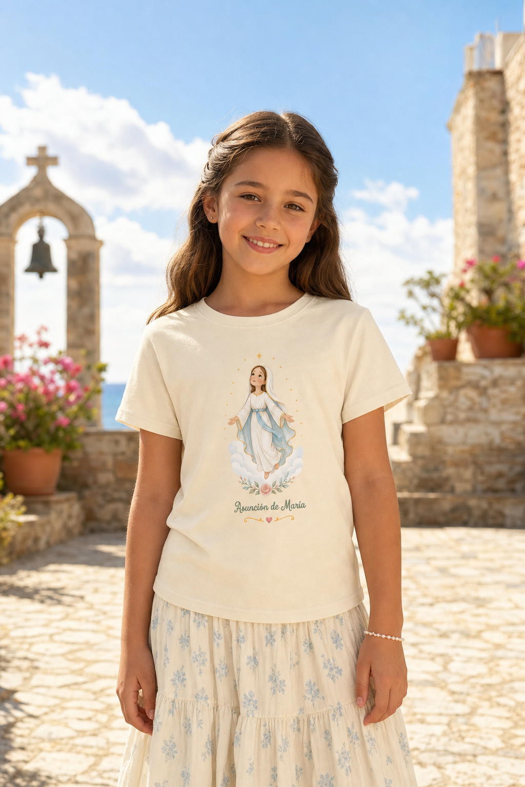 Girl wearing the Asunción de María Girls T-shirt in a lifestyle setting