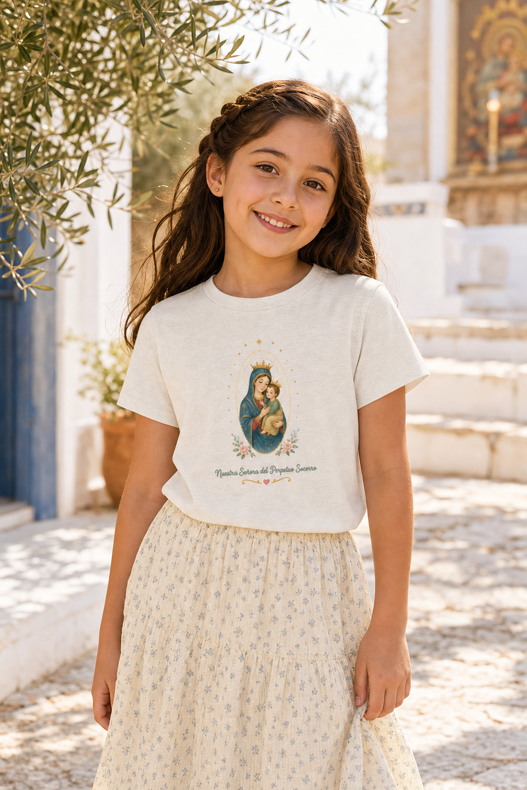 Girl wearing the Nuestra Señora del Perpetuo Socorro Girls T-shirt in a lifestyle setting
