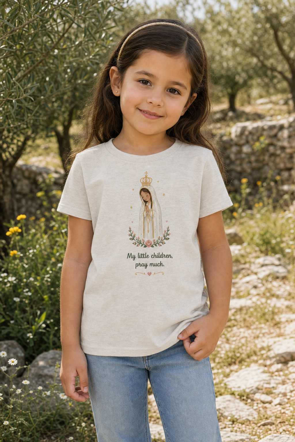 Girl wearing the Pray Much Fátima Girls T-shirt in a lifestyle setting