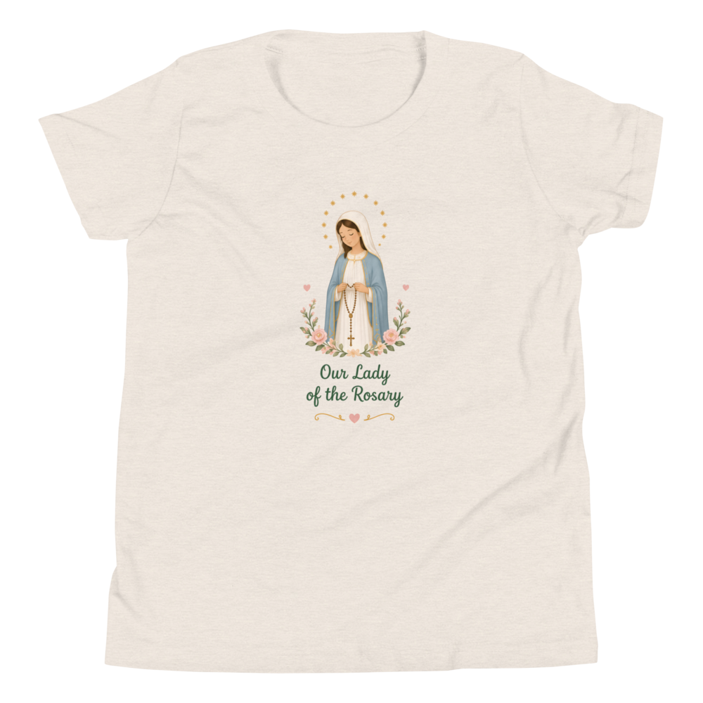 Our Lady of the Rosary Girls — Printful flat · Heather Dust