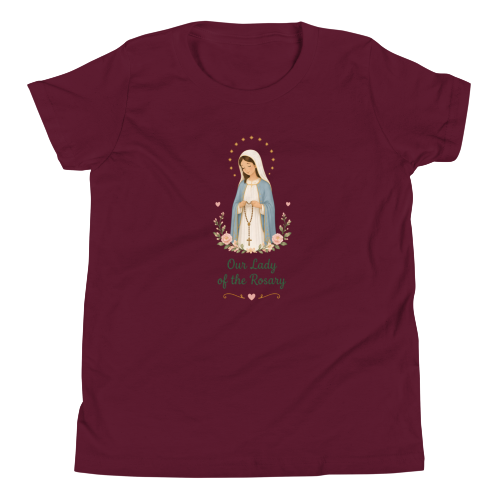 Our Lady of the Rosary Girls — Printful flat · Maroon