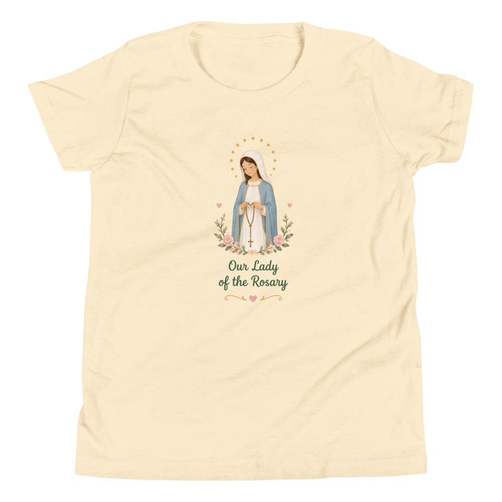 Our Lady of the Rosary Girls — Printful flat · Natural